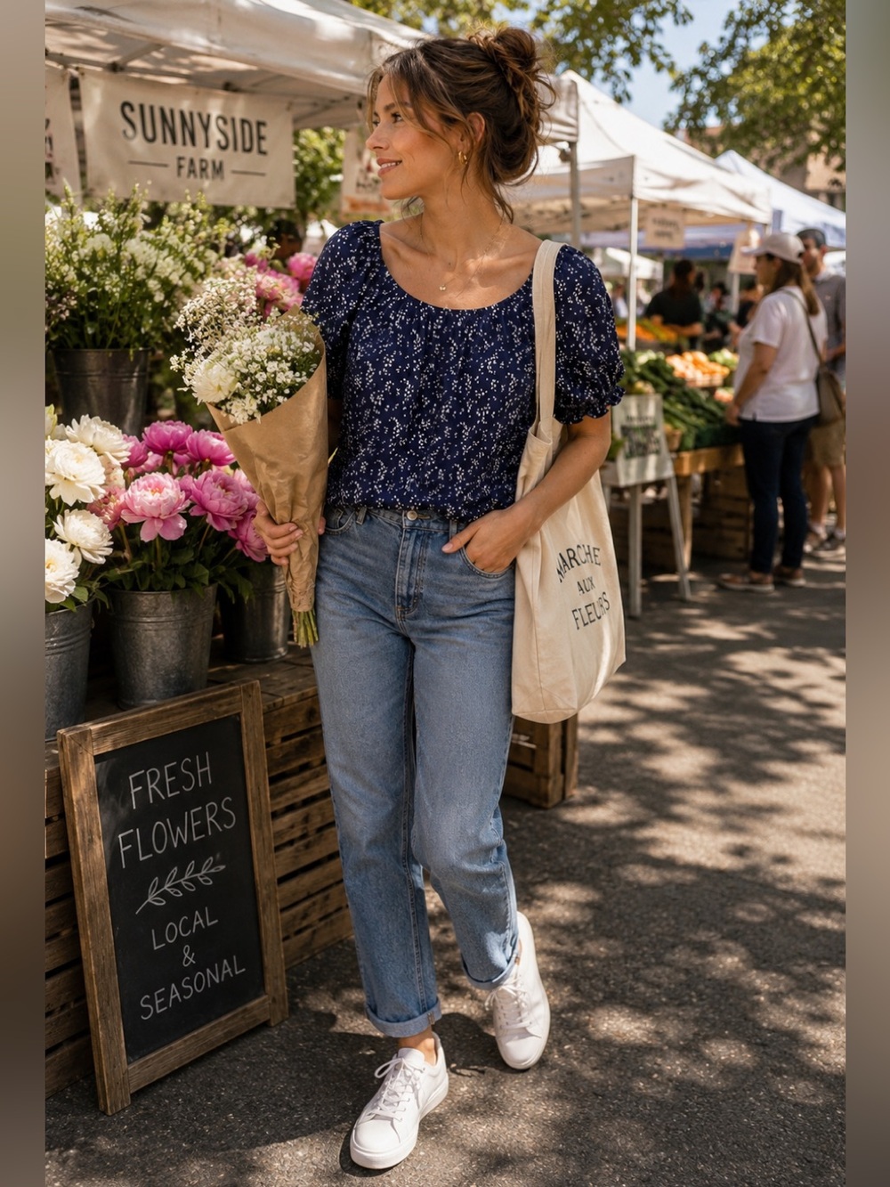 GAP Navy‎ Floral Peasant Blouse Small Puff Sleeve Rayon Boho Top